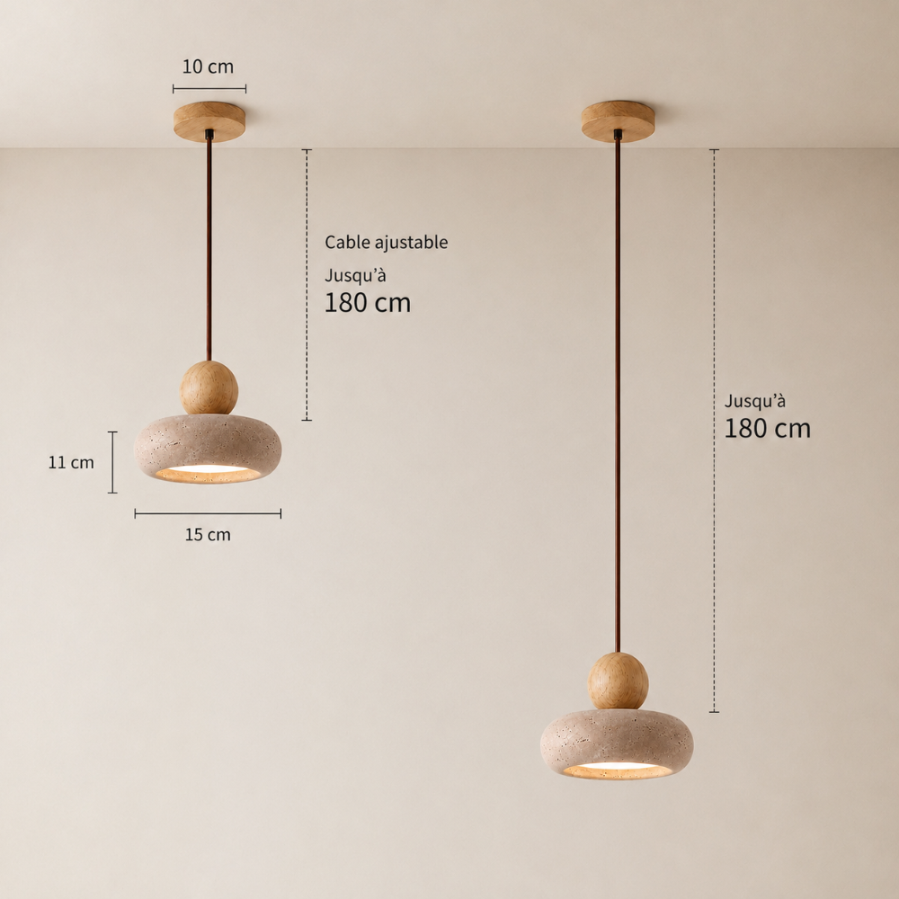 Alvina — Suspension travertin et sphère de bois