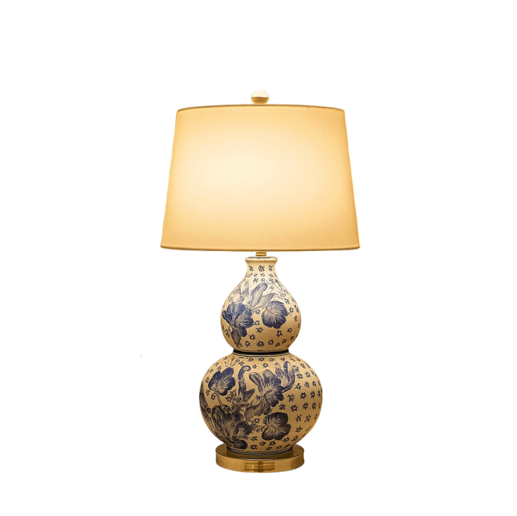 Delfina — Lampe en porcelaine bleue et abat-jour ivoire