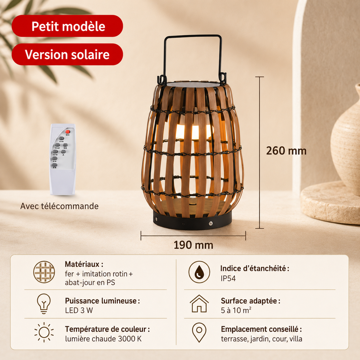 Ravenna — Lampe solaire d'extérieur en rotin tressé
