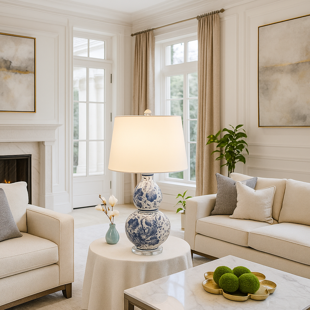 Delfina — Lampe en porcelaine bleue et abat-jour ivoire
