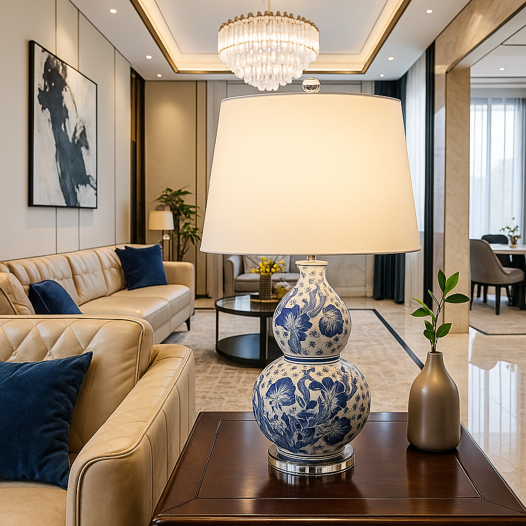Delfina — Lampe en porcelaine bleue et abat-jour ivoire