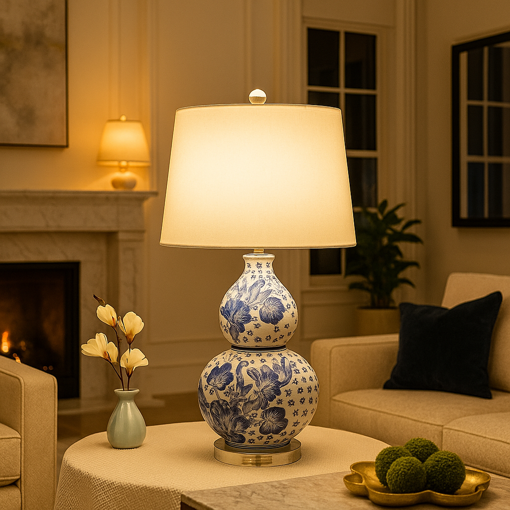 Delfina — Lampe en porcelaine bleue et abat-jour ivoire
