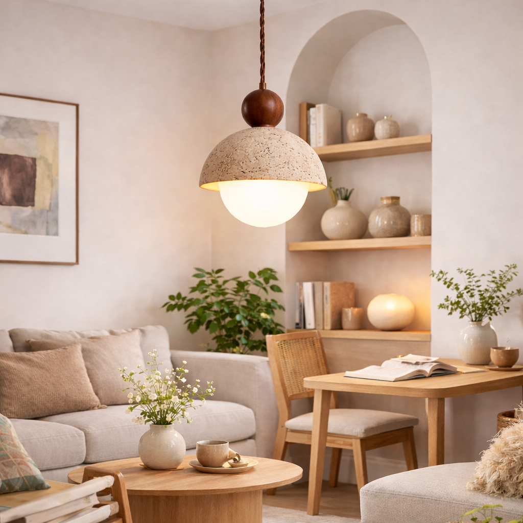 Astrina — Suspension en bois et pierre naturelle