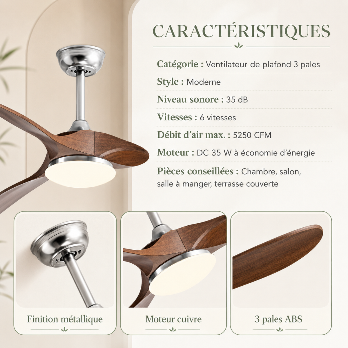 Vindra — Ventilateur de plafond moteur DC et LED