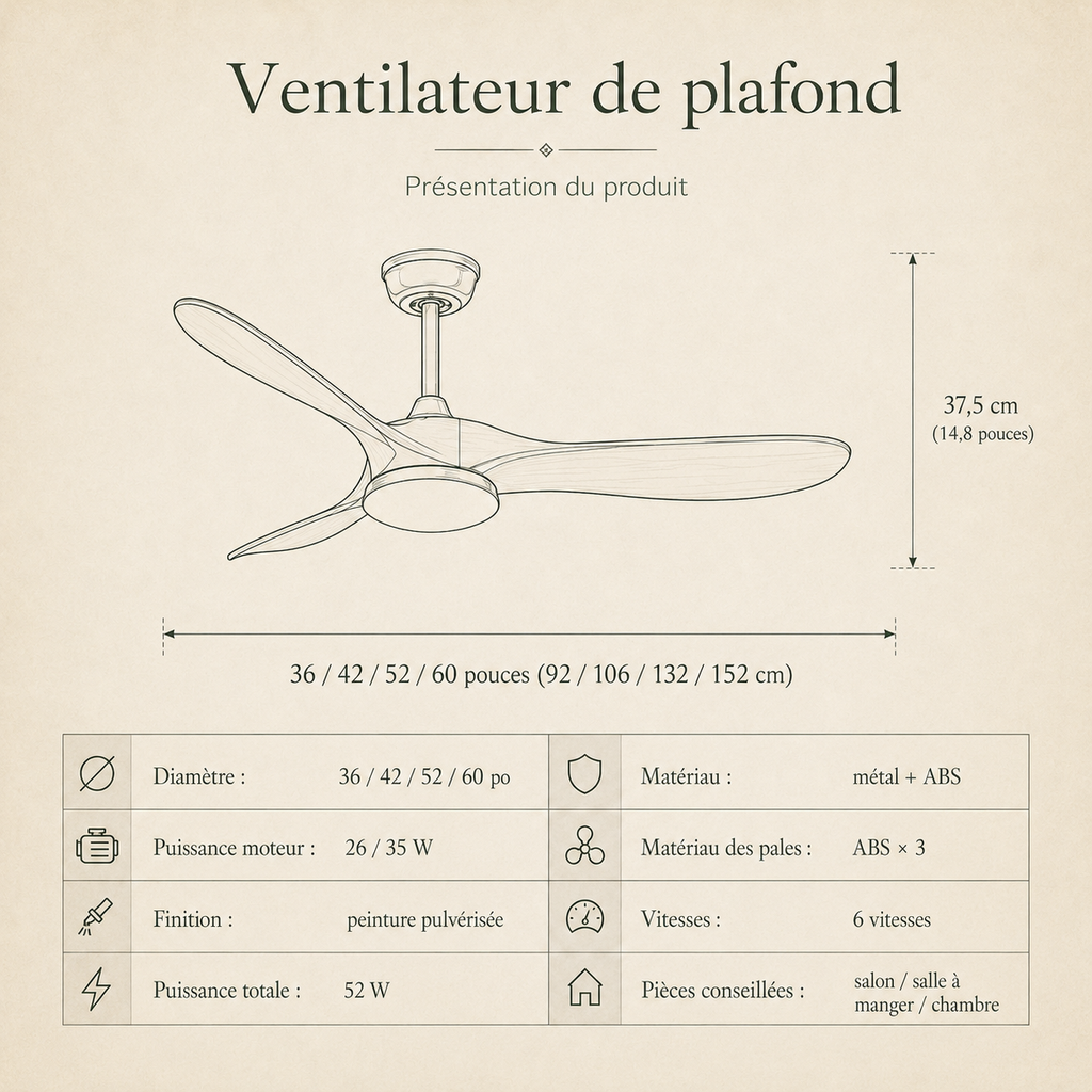 Vindra — Ventilateur de plafond moteur DC et LED