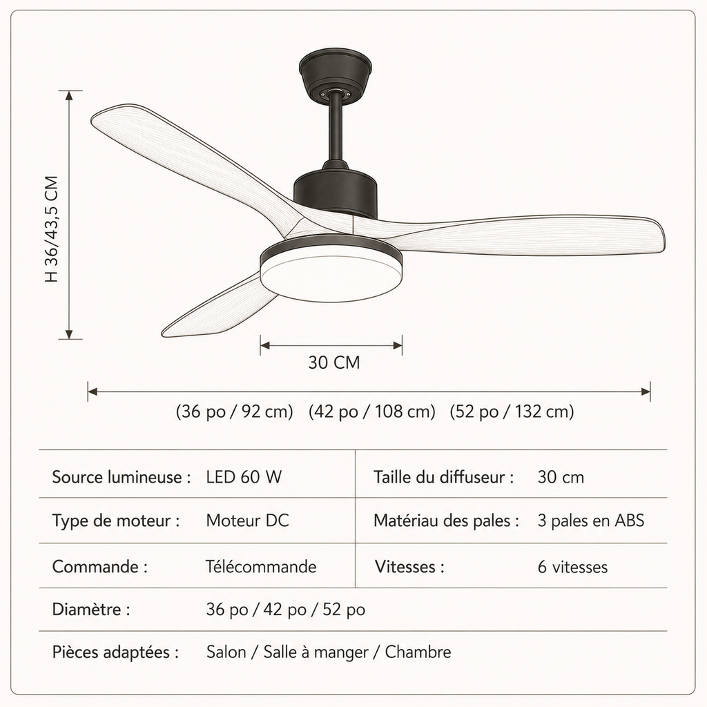 Kalmia — Ventilateur de plafond bois naturel trois tailles