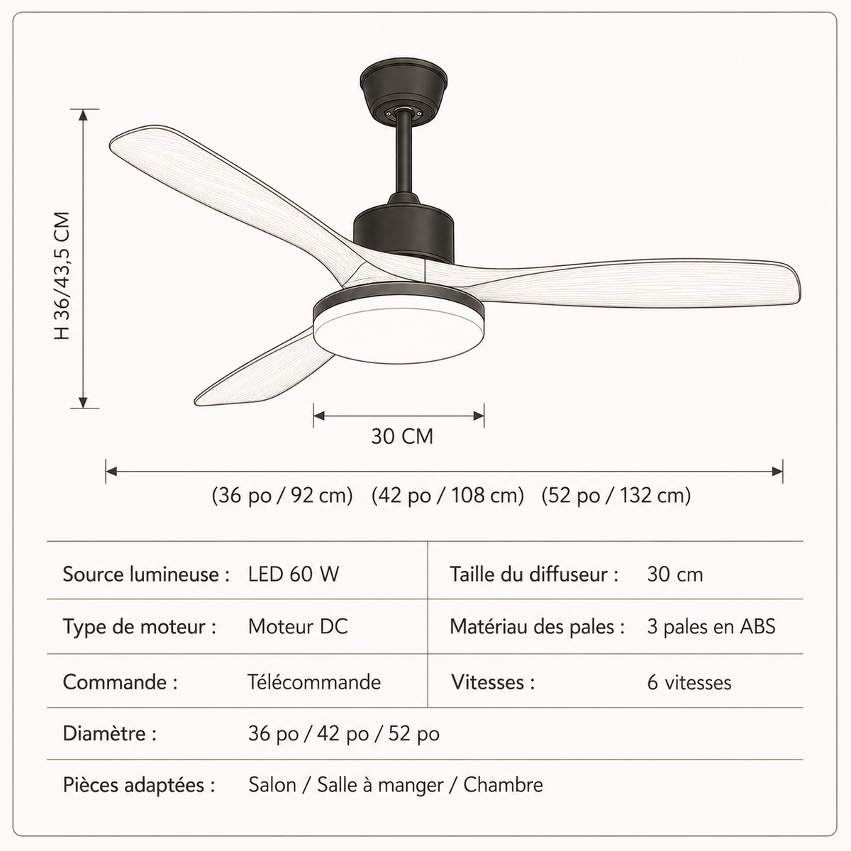 Kalmia — Ventilateur de plafond bois naturel trois tailles