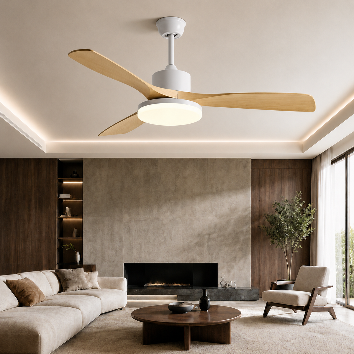 Kalmia — Ventilateur de plafond bois naturel trois tailles
