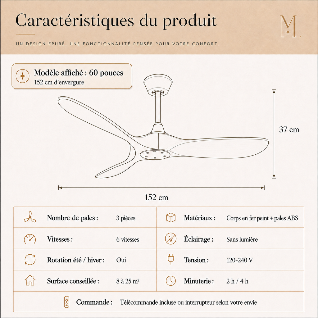 Ostara — Ventilateur de plafond silencieux à 6 vitesses