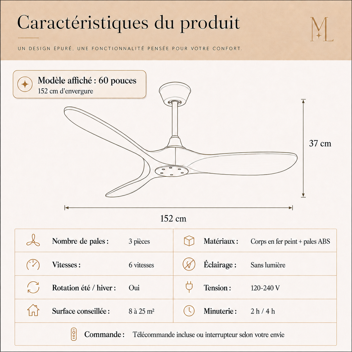 Ostara — Ventilateur de plafond silencieux à 6 vitesses