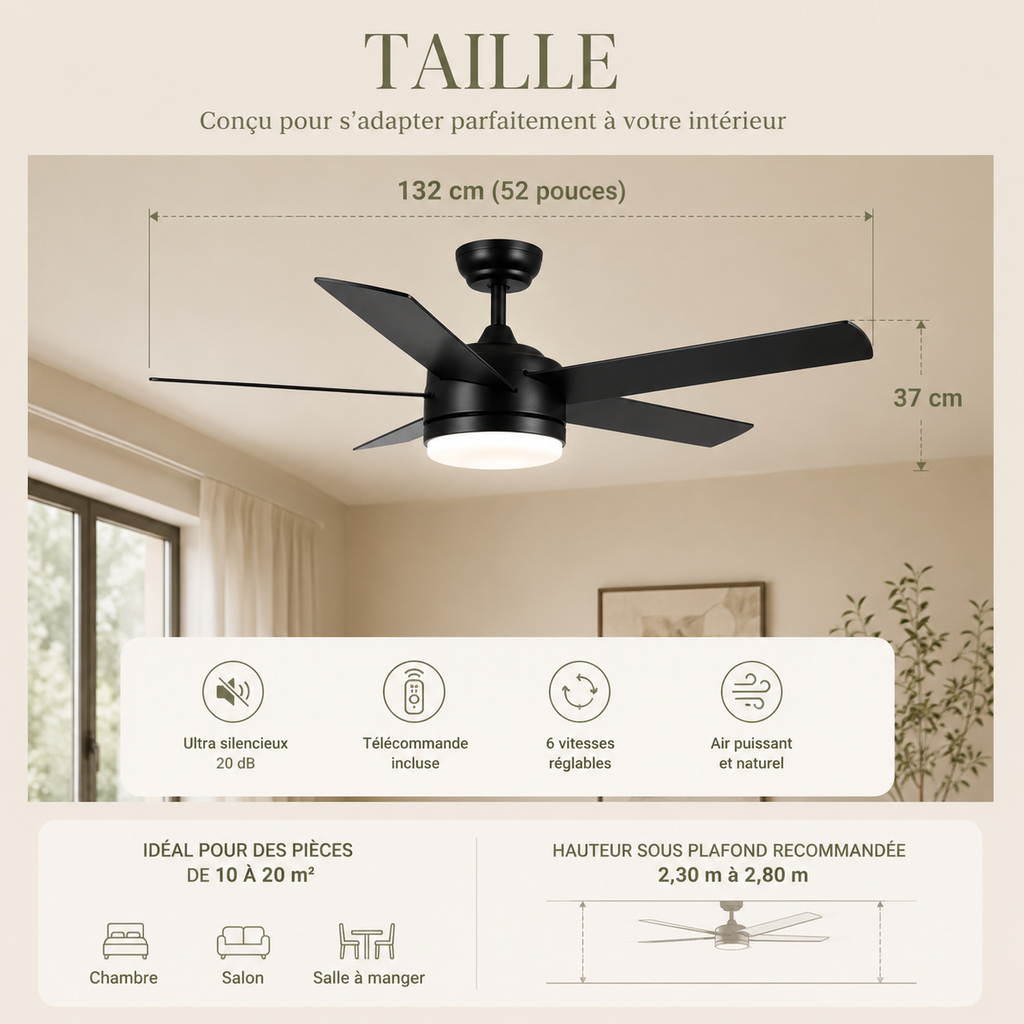 Nocera — Ventilateur de plafond noir LED trois teintes