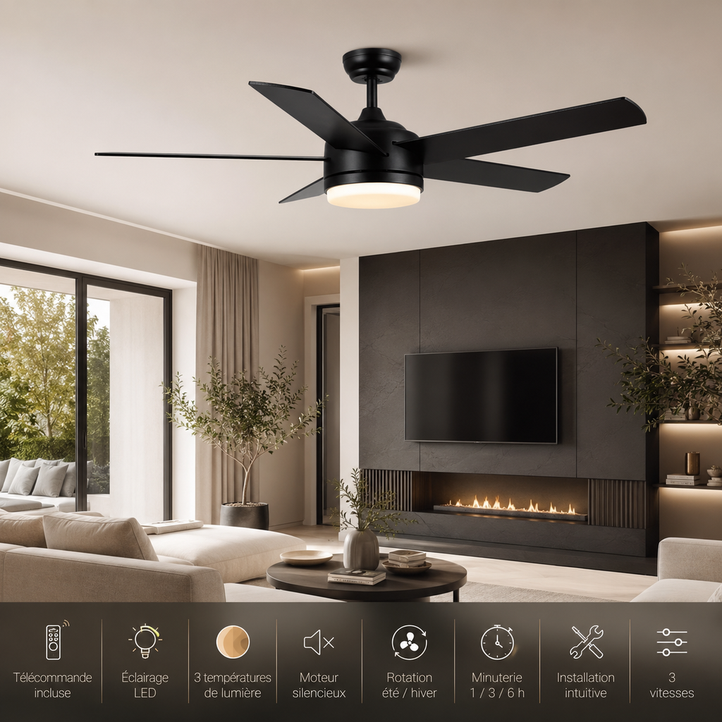 Nocera — Ventilateur de plafond noir LED trois teintes