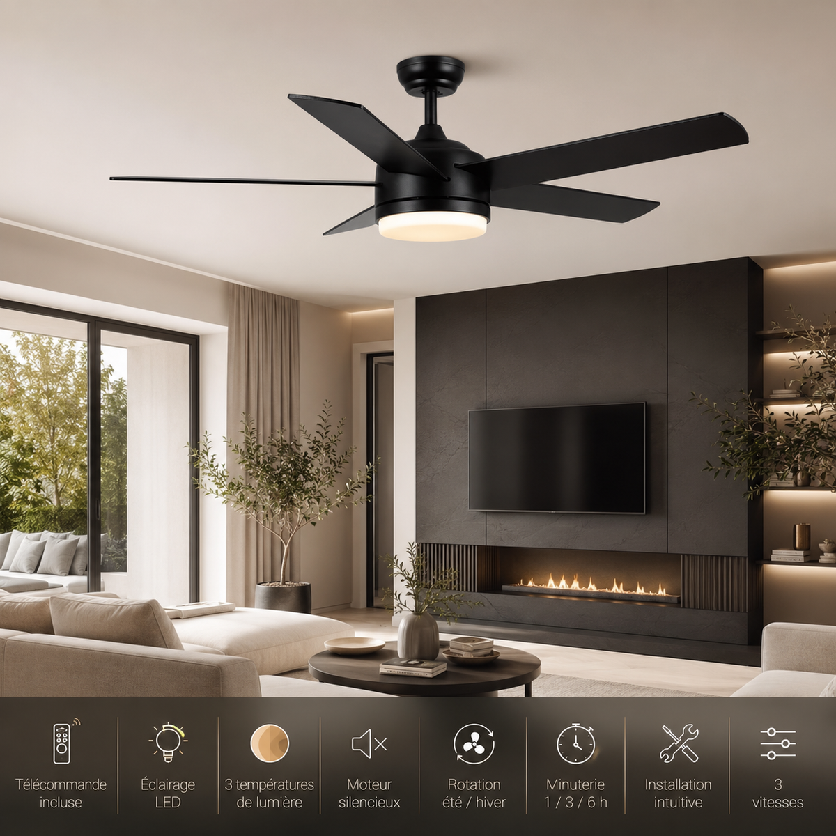 Nocera — Ventilateur de plafond noir LED trois teintes