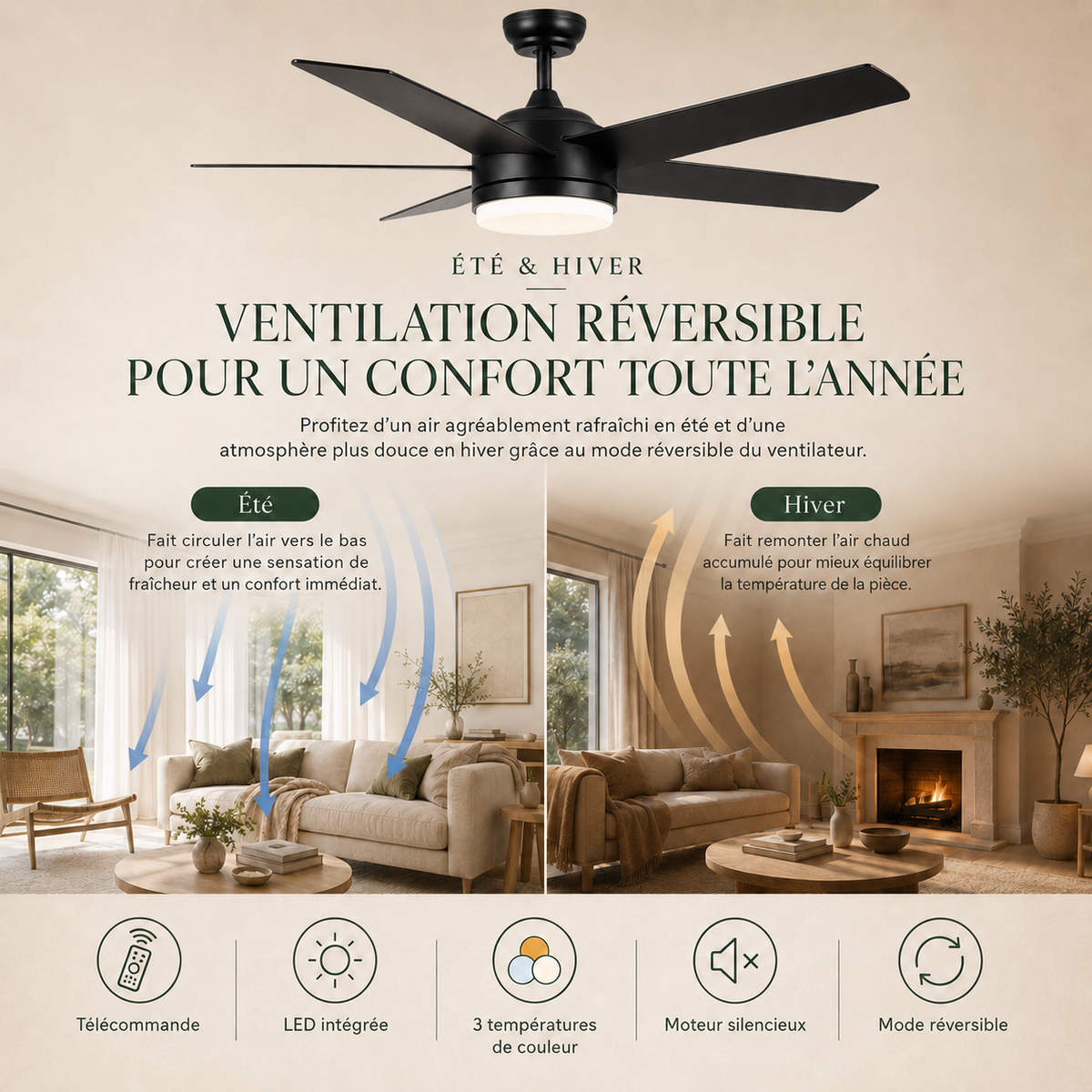 Nocera — Ventilateur de plafond noir LED trois teintes