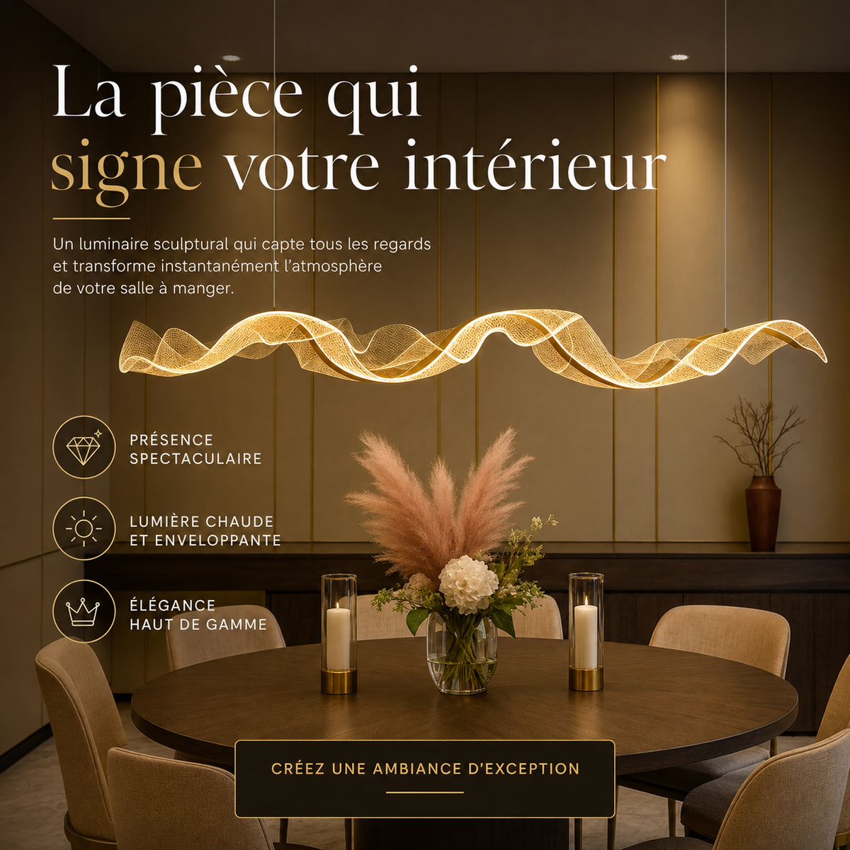Aurea — Suspension LED en vague dorée
