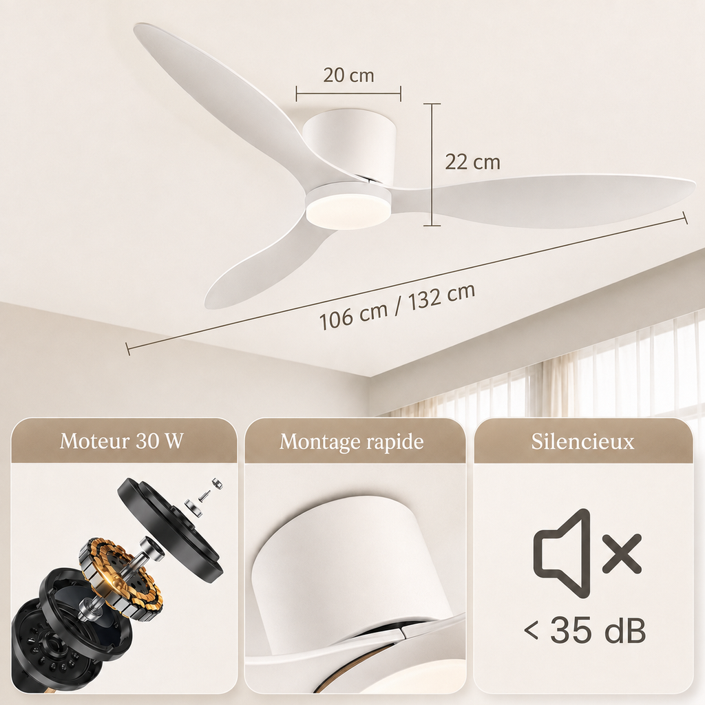 Ventora — Ventilateur de plafond silencieux à LED - 106 & 132 cm