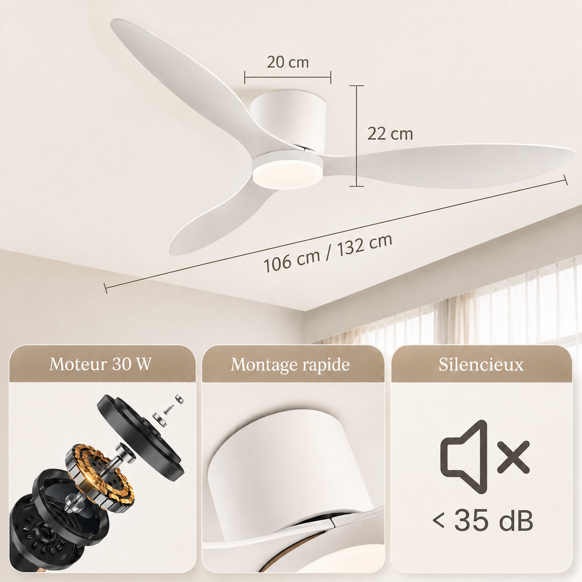 Ventora — Ventilateur de plafond silencieux à LED - 106 & 132 cm