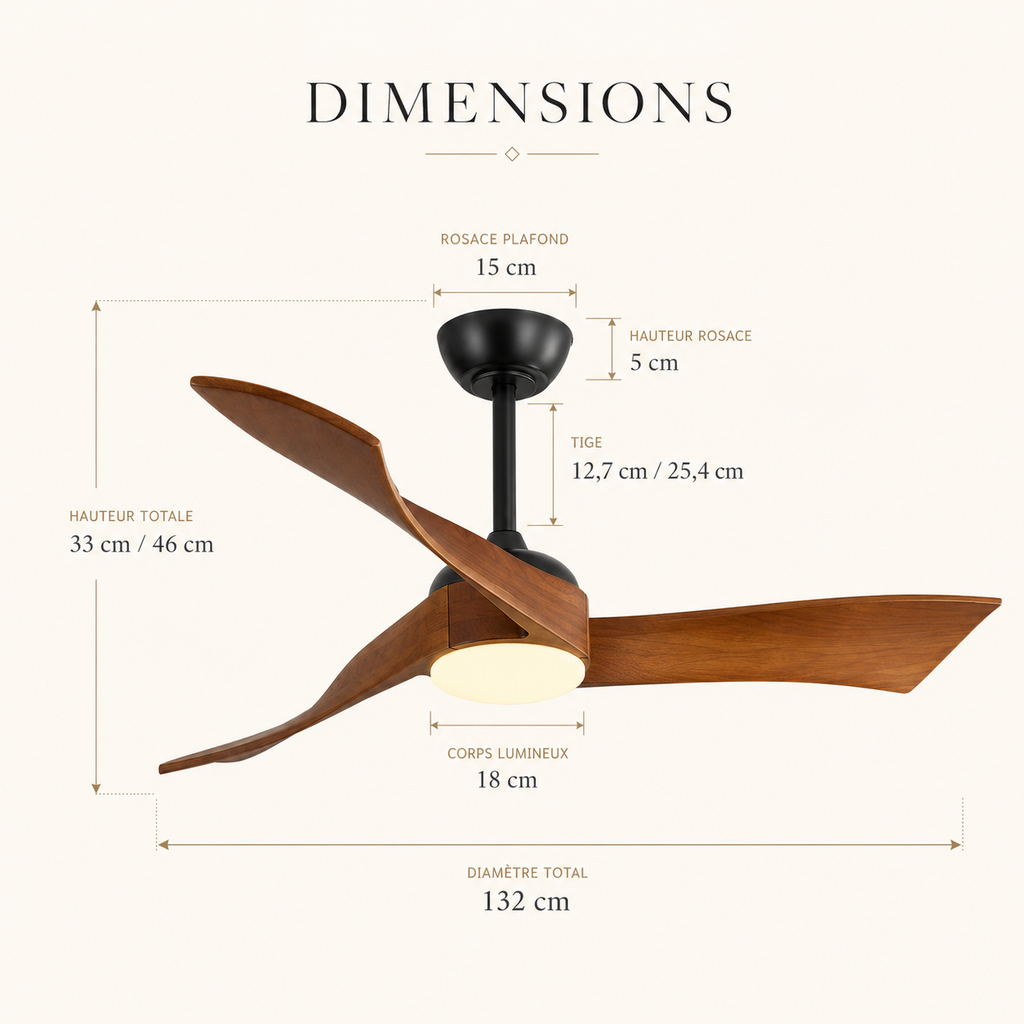 Norvane — Ventilateur de plafond bois 132 cm silencieux