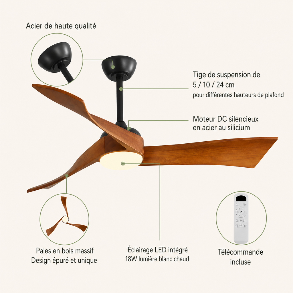 Norvane — Ventilateur de plafond bois 132 cm silencieux