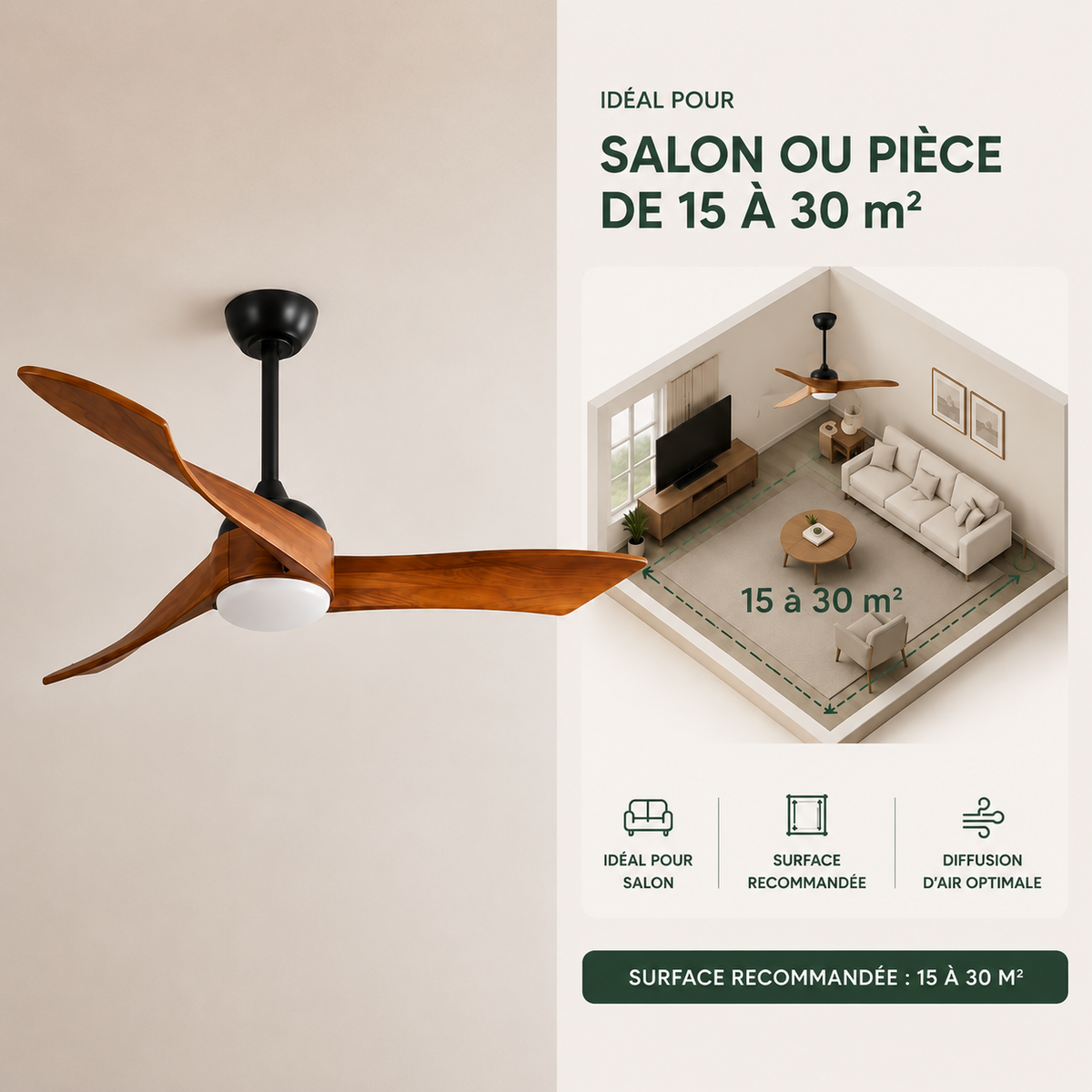 Norvane — Ventilateur de plafond bois 132 cm silencieux