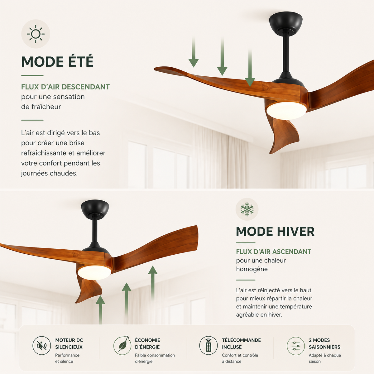 Norvane — Ventilateur de plafond bois 132 cm silencieux