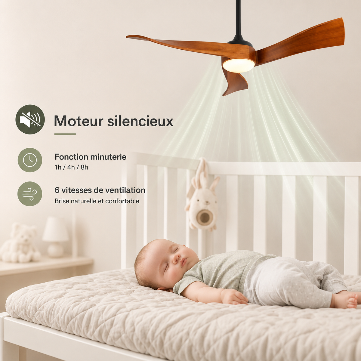 Norvane — Ventilateur de plafond bois 132 cm silencieux