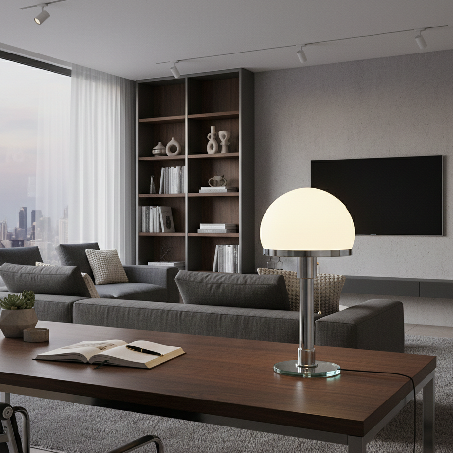 Argenta — Lampe en verre dépoli et base chromée