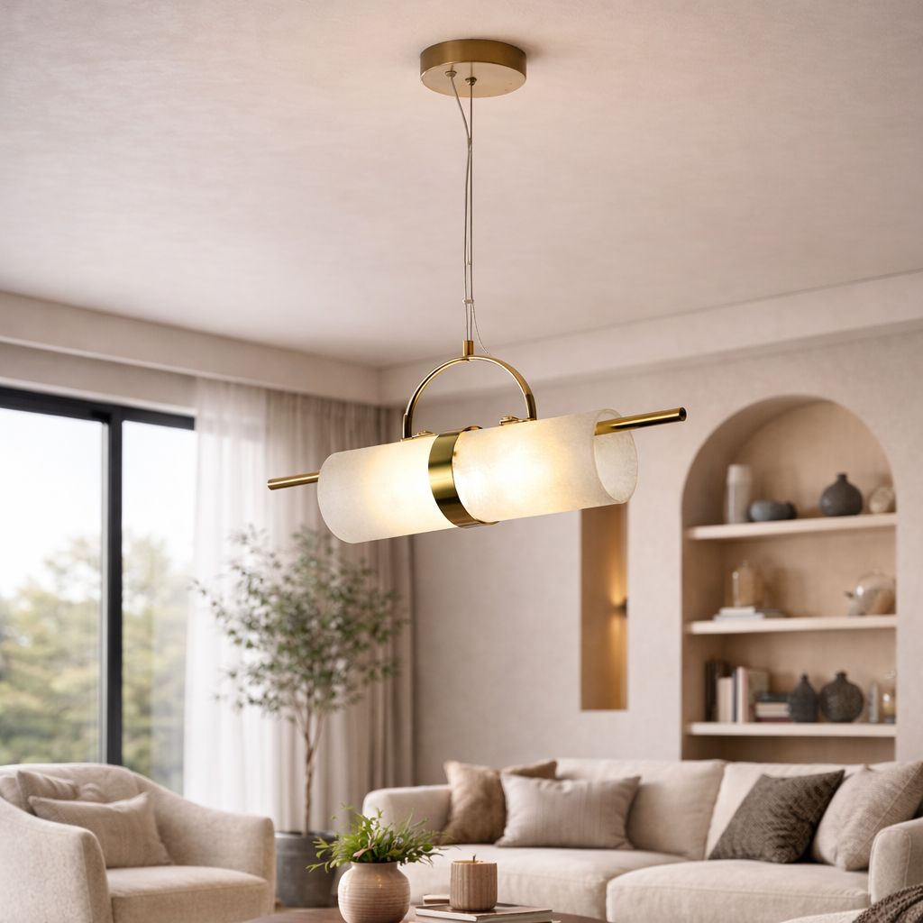 Albina — Suspension cylindrique en verre opalin doré