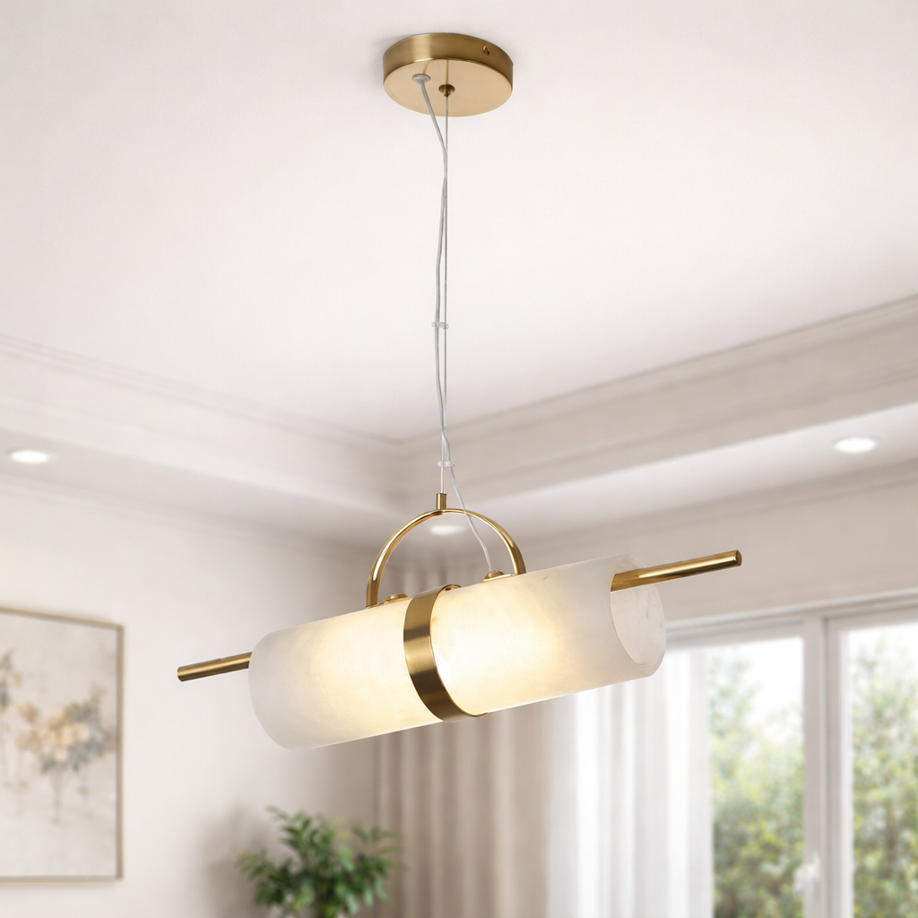 Albina — Suspension cylindrique en verre opalin doré