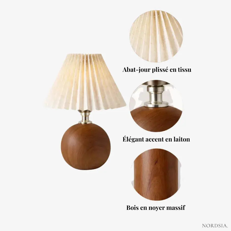 Aéris — Lampe de chevet bois massif et tissu plissé