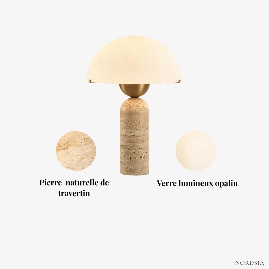 Astréa — Lampe en travertin et globe opalin doré