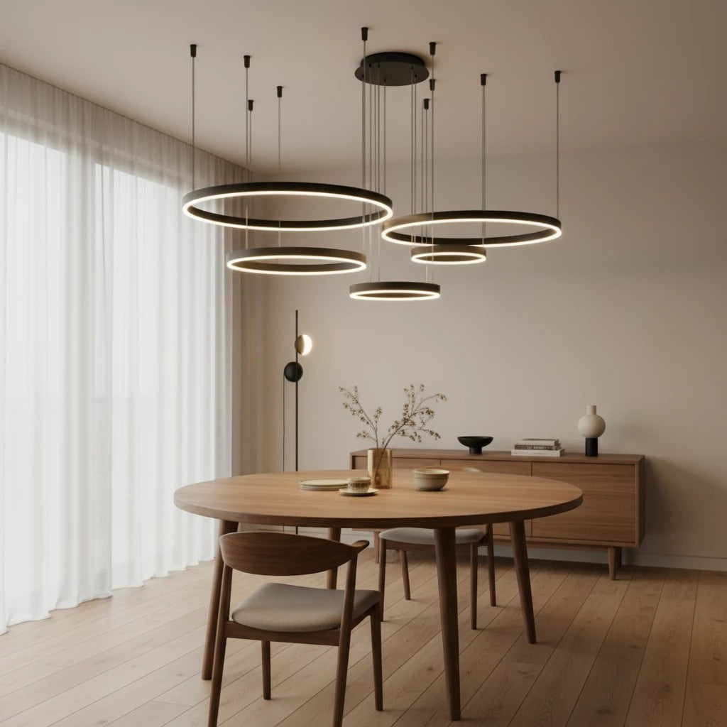 Lustre à Cinq Anneaux Étagés en Suspension – Modèle Odyssia (DIMOREE)