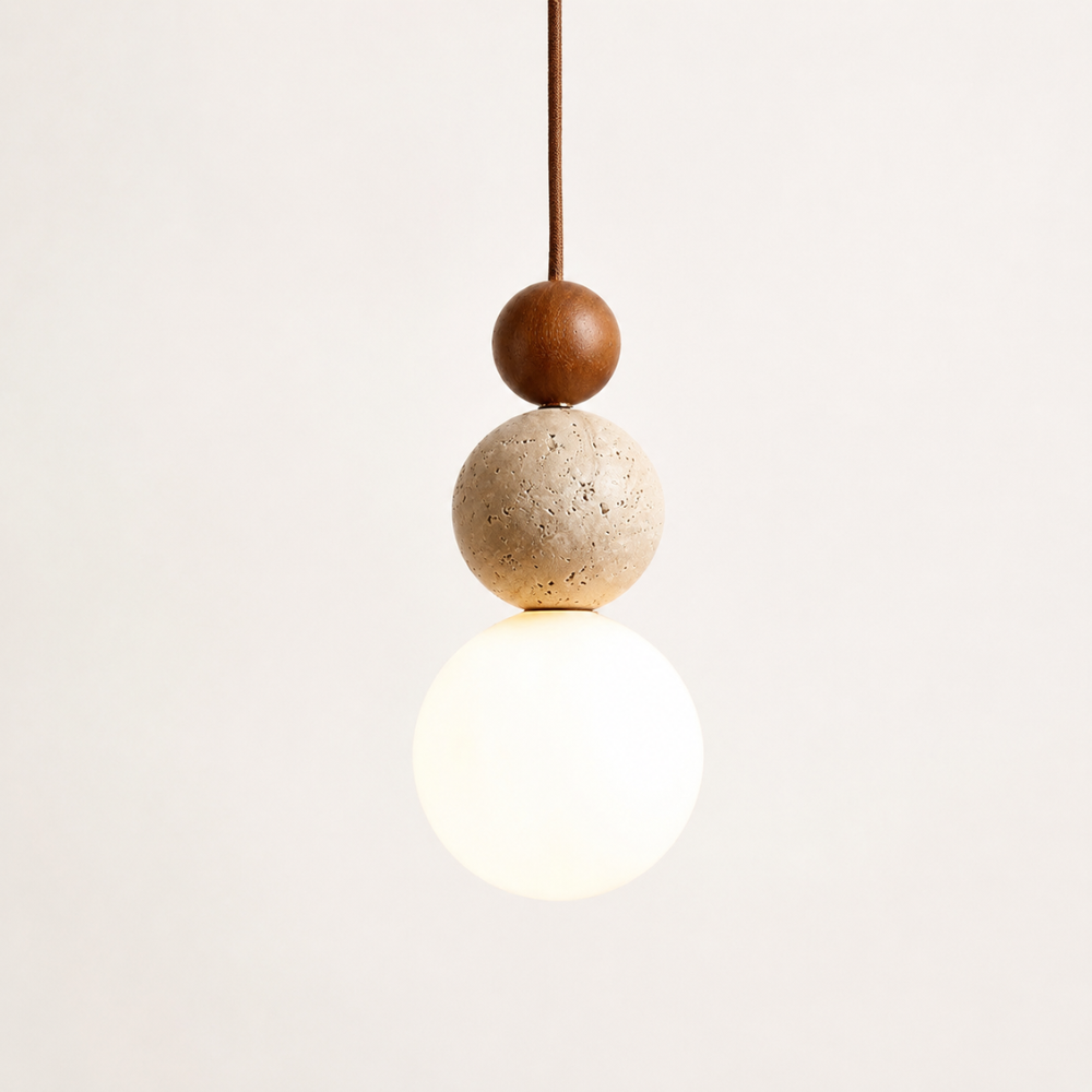 Eikane — Suspension travertin, bois et verre opalin