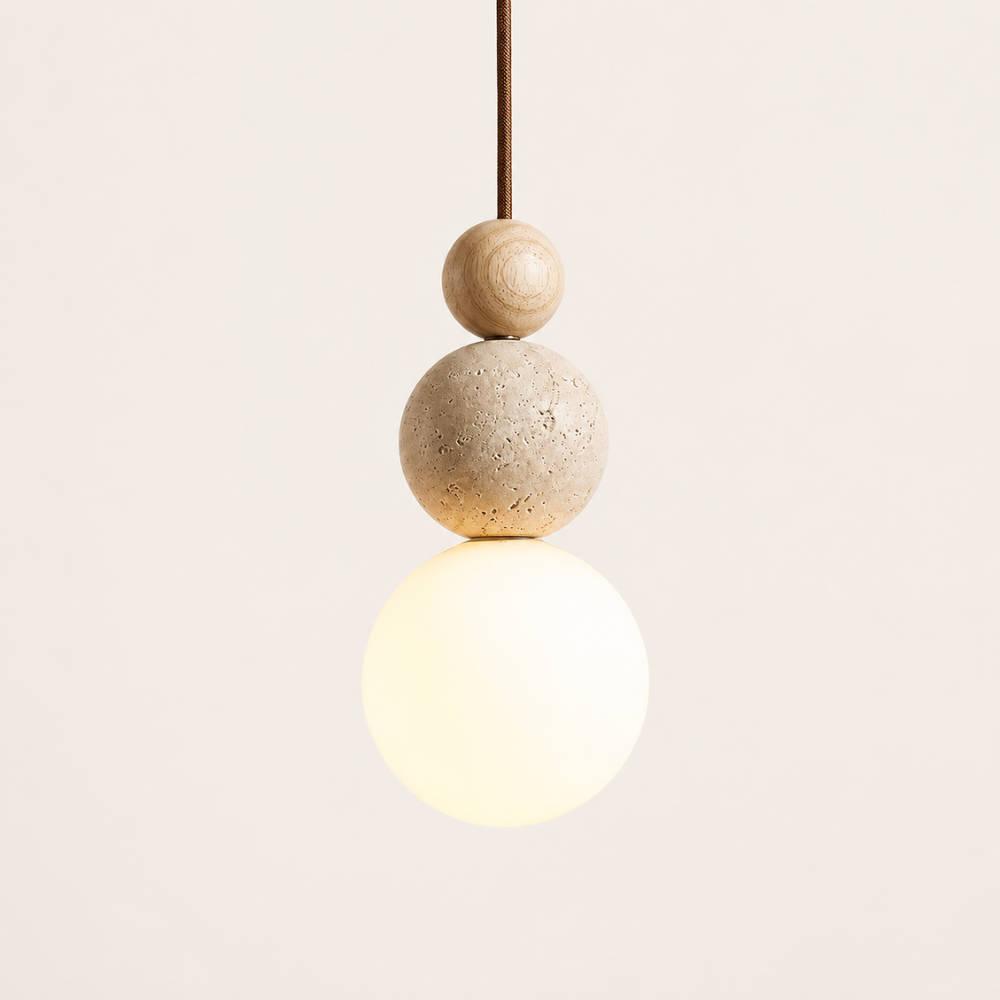 Eikane — Suspension travertin, bois et verre opalin