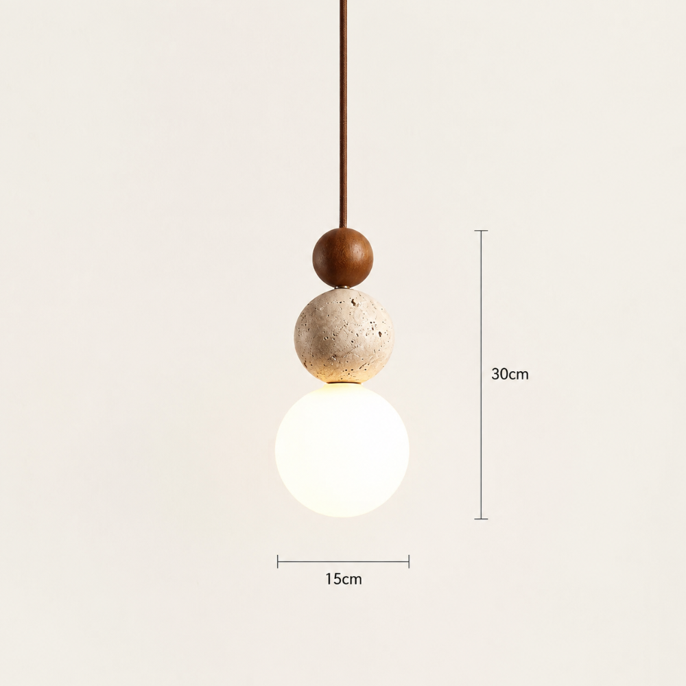Eikane — Suspension travertin, bois et verre opalin