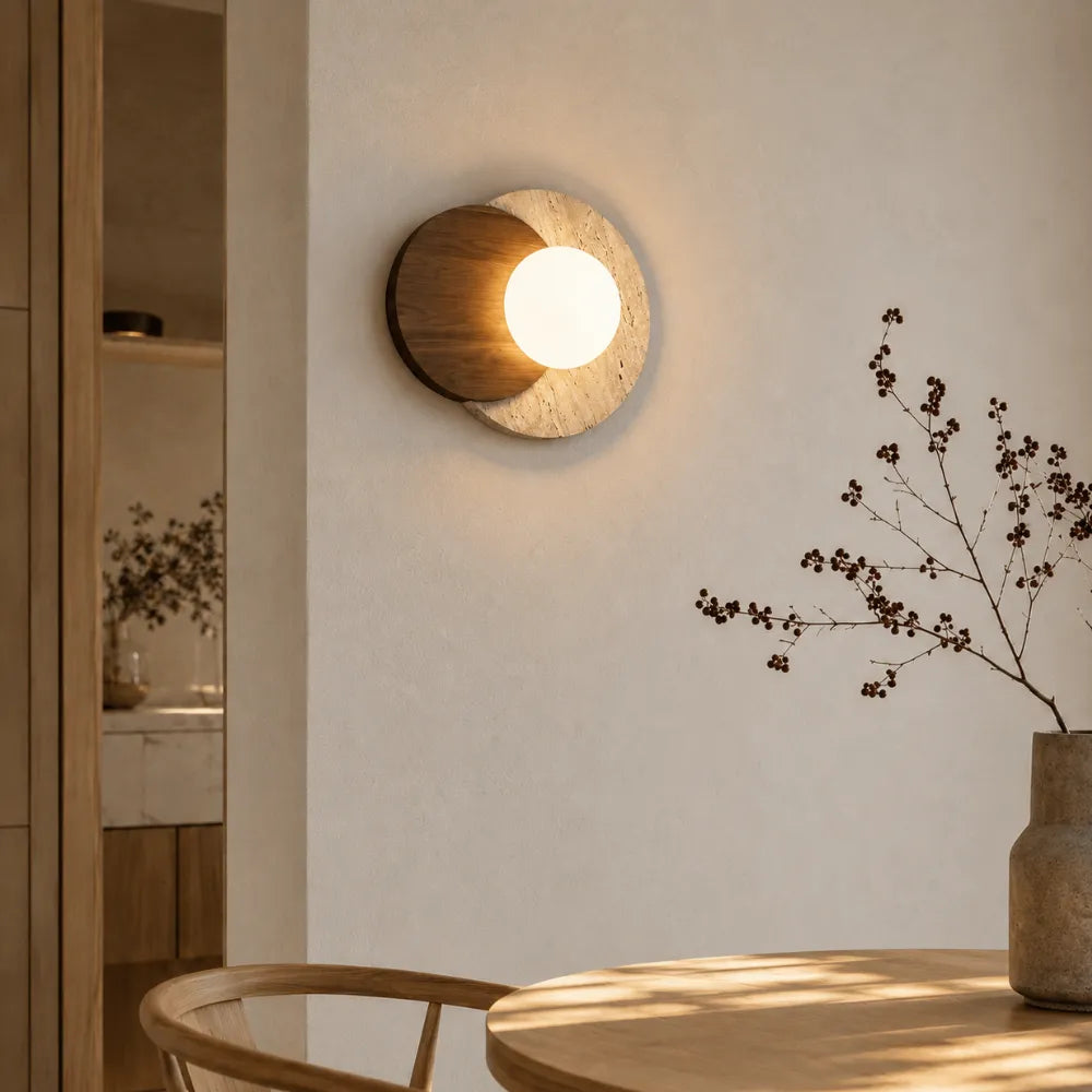 Verdala — Applique circulaire en travertin et bois