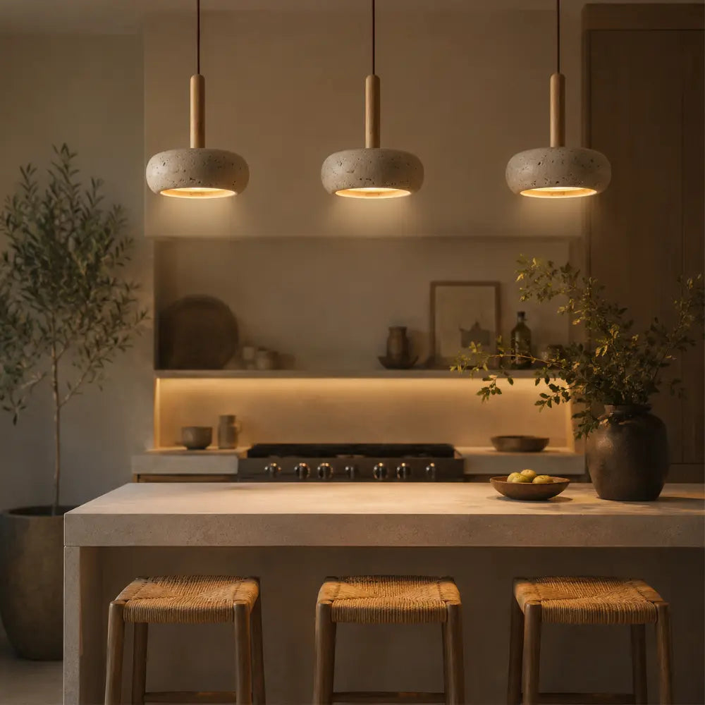 Elysia — Suspension travertin et bois multi-blancs
