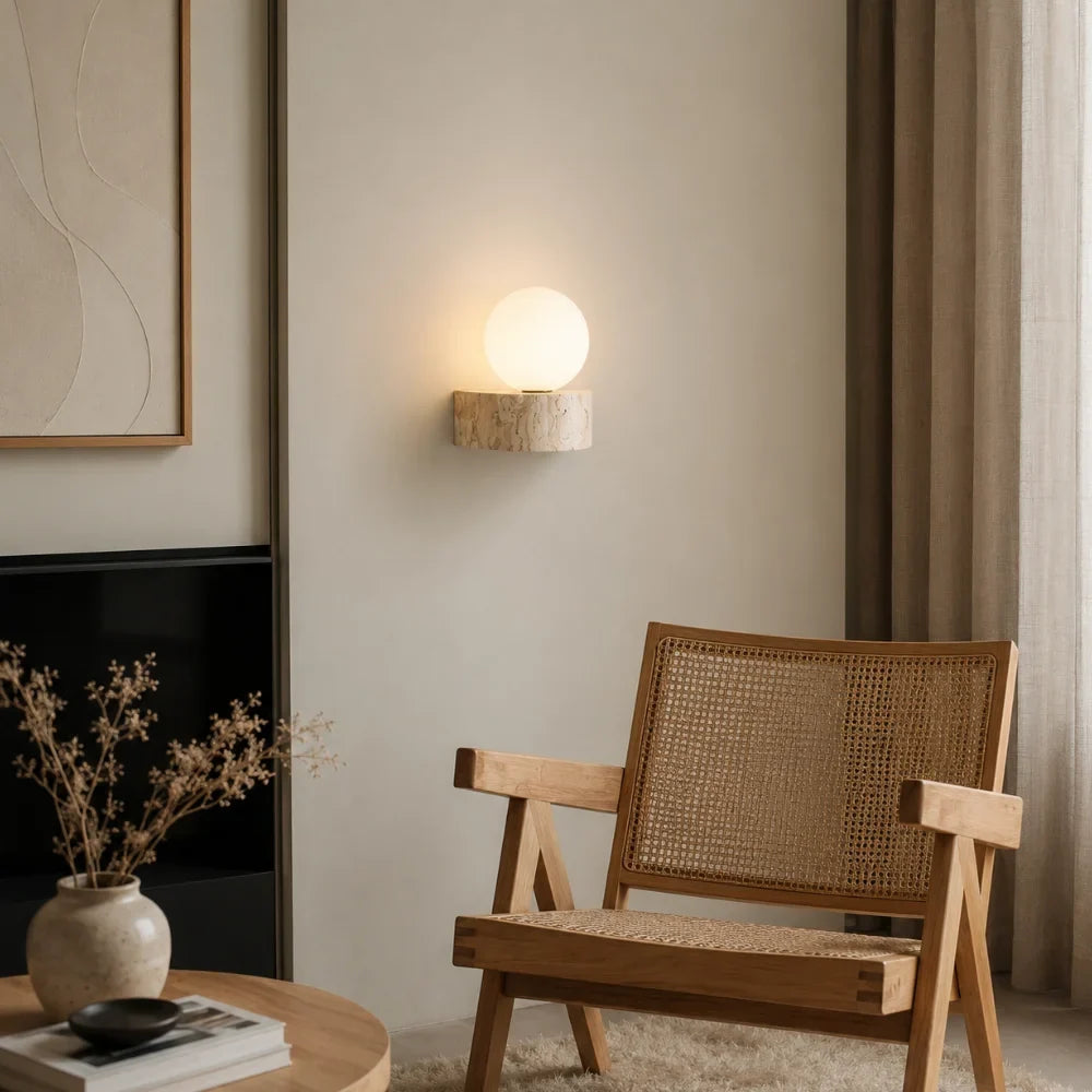 Kaela — Applique travertin et globe en verre