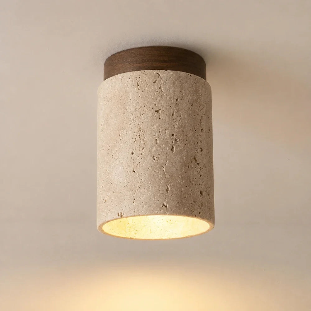 Karéna — Plafonnier cylindrique en travertin et bois