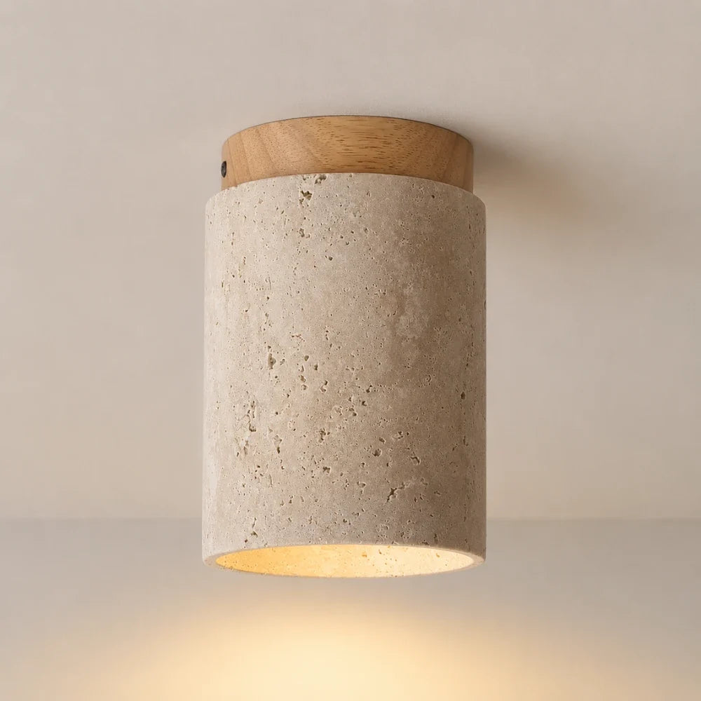 Karéna — Plafonnier cylindrique en travertin et bois