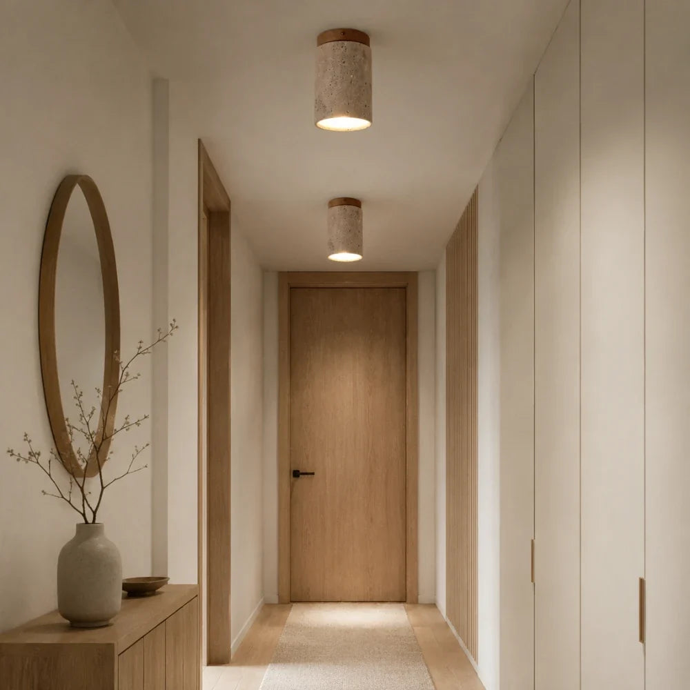 Karéna — Plafonnier cylindrique en travertin et bois