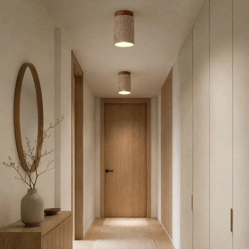 Karéna — Plafonnier cylindrique en travertin et bois