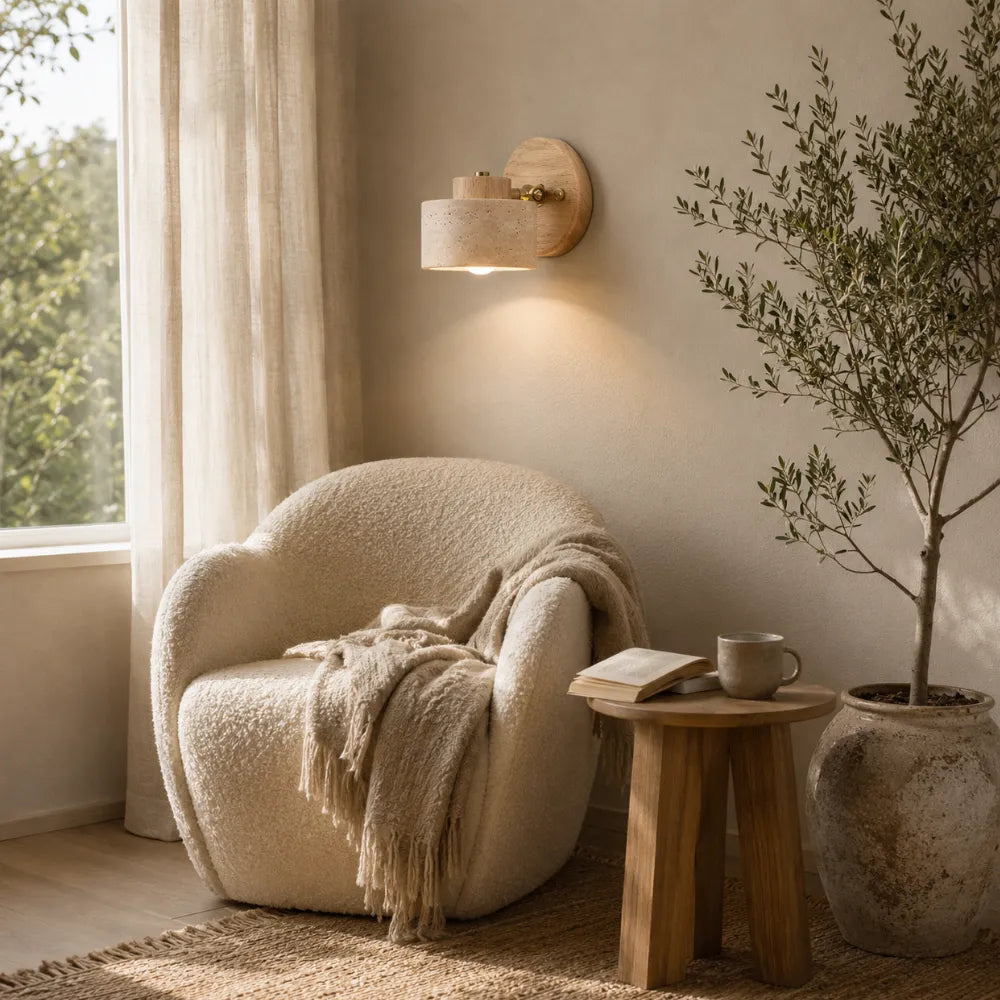 Kiven — Applique orientable en travertin et bois