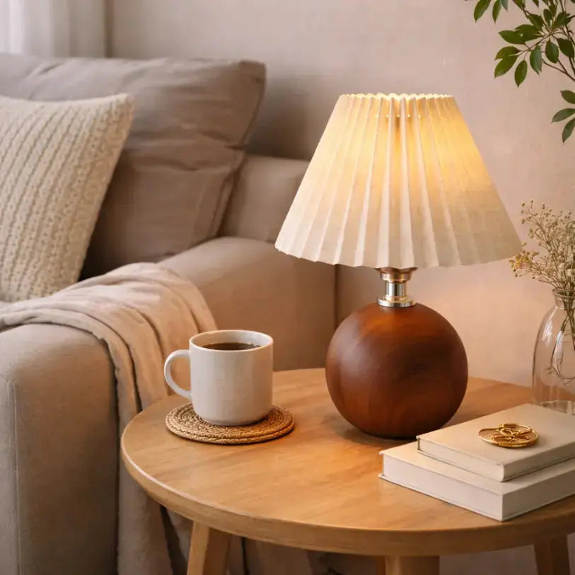 Aéris — Lampe de chevet bois massif et tissu plissé