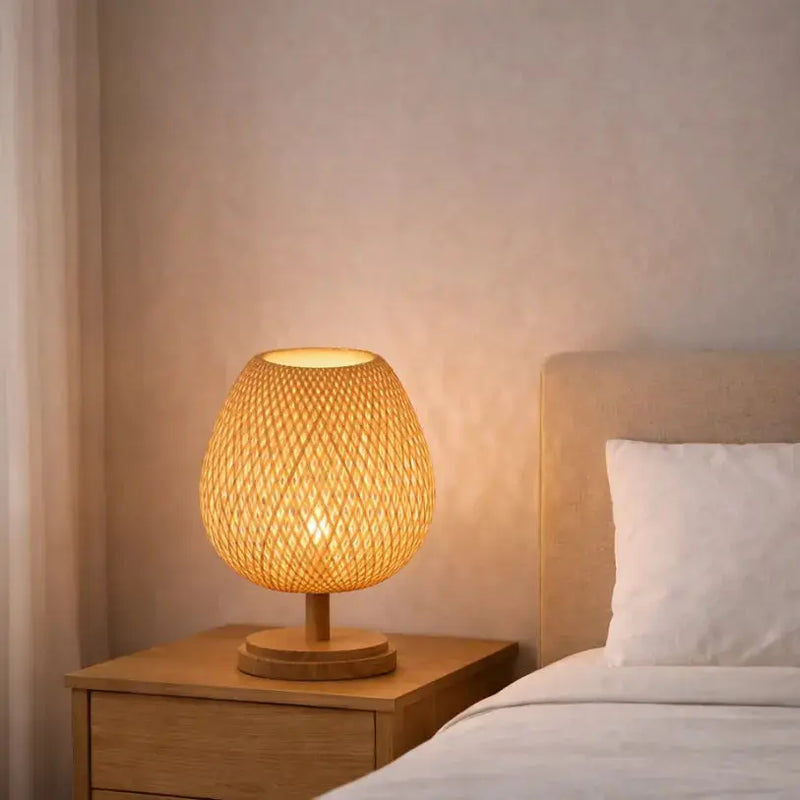 Neyla — Lampe de chevet en bois et bambou tressé