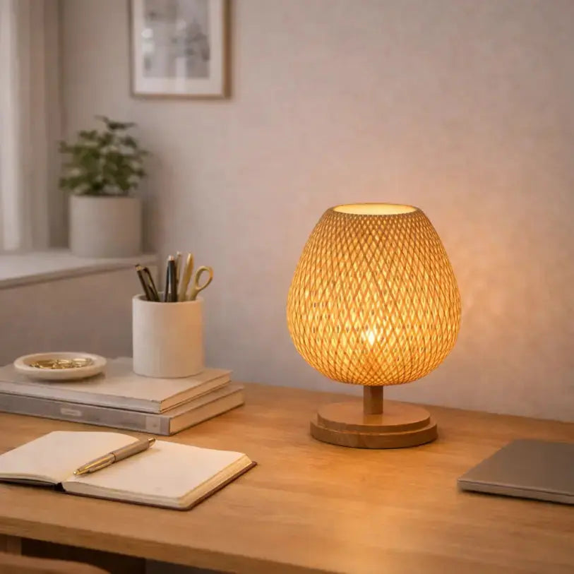 Neyla — Lampe de chevet en bois et bambou tressé