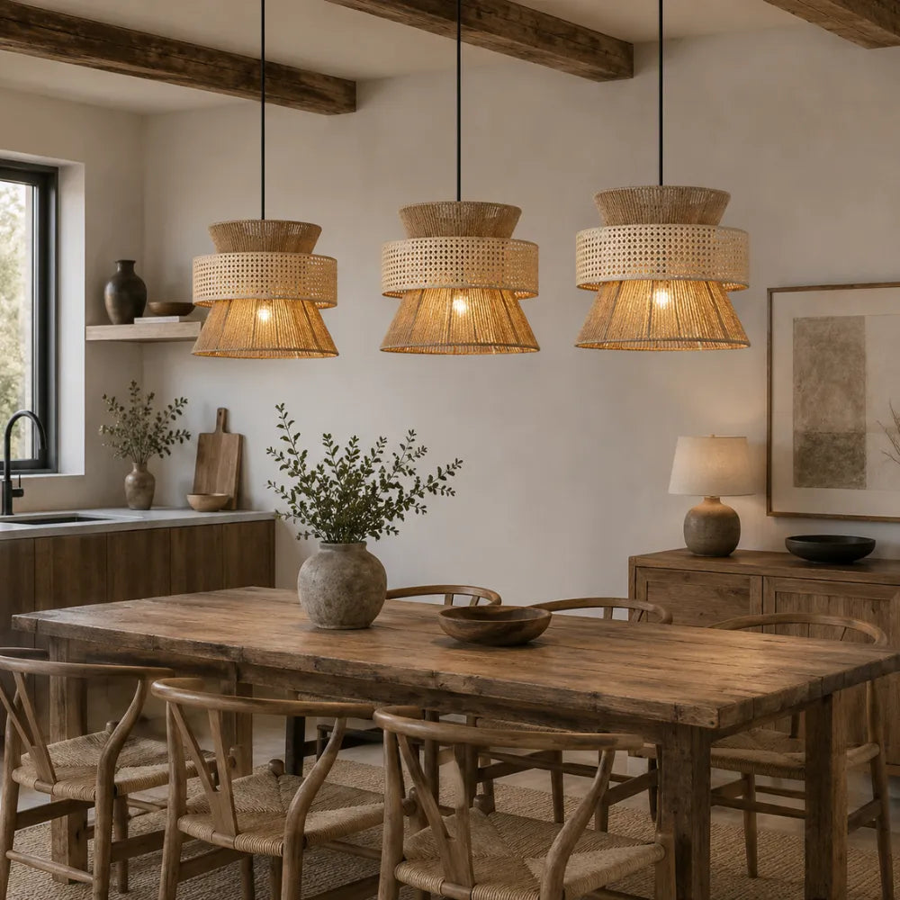 Linnéa — Suspension double tressage bambou et rotin