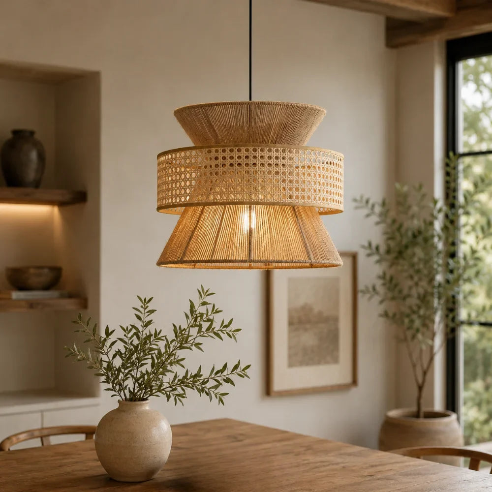 Linnéa — Suspension double tressage bambou et rotin