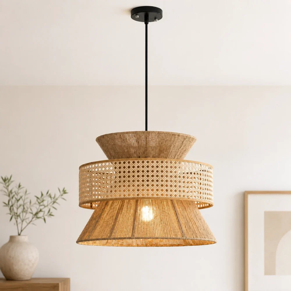 Linnéa — Suspension double tressage bambou et rotin
