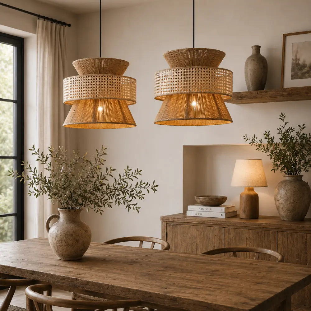 Linnéa — Suspension double tressage bambou et rotin